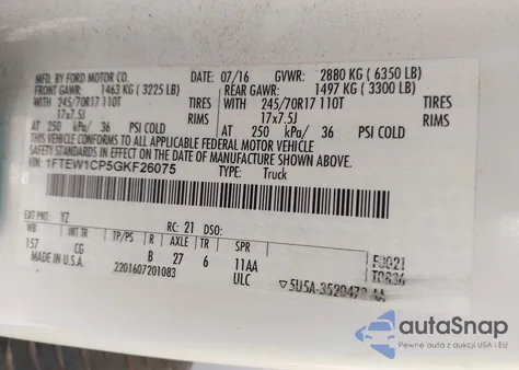 2016 Ford F-150 Xl из США, поврежденный, VIN 1FTEW1CP5GKF26075